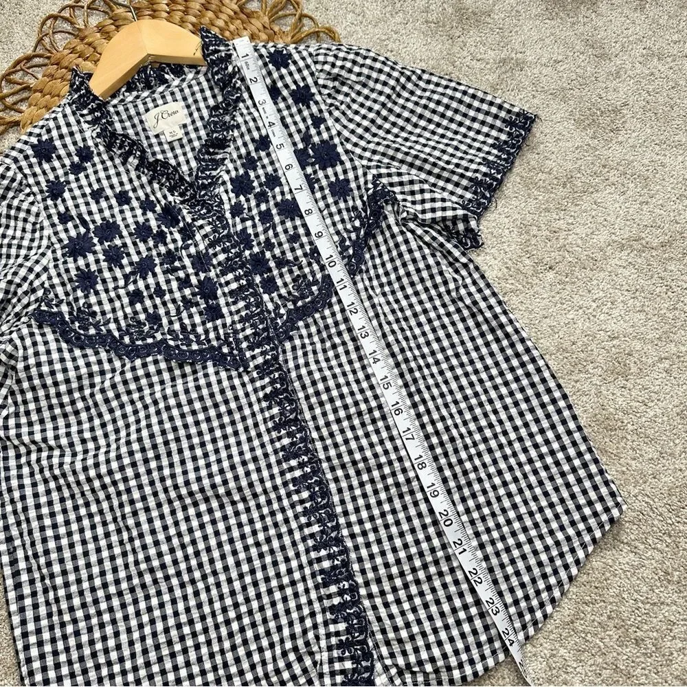 J.Crew Embroidered Indigo Crinkled Gingham Short Sleeve Navy White Top Cotton XS